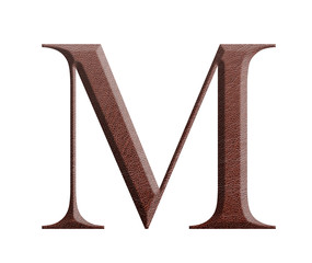 The font english alphabet of brown leather. Letter M from a brown leather isolated on a white...