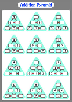 Maths Pyramids for Mental Maths Practice, complete the missing numbers, math worksheet for kids.