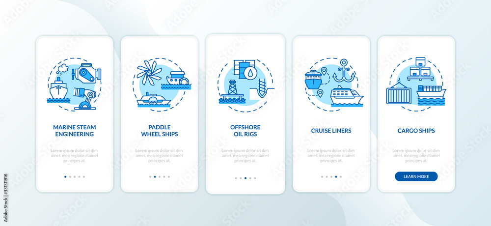 Wall mural marine engineering onboarding mobile app page screen with concepts set. logistic and on water shipme