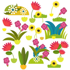 cartoon scene with beautiful and colorful flowers on white background - illustration