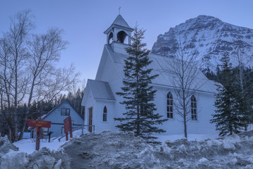 Early morning winter view of a church at Field, British Columbia, Canada