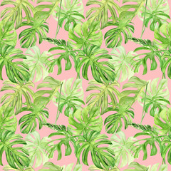 Fototapeta na wymiar Watercolor illustration seamless pattern of tropical leaf monstera. Perfect as background texture, wrapping paper, textile or wallpaper design. Hand drawn