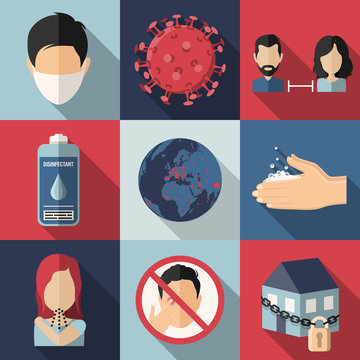Coronavirus Covid-19 virus  precautions flat design icons set