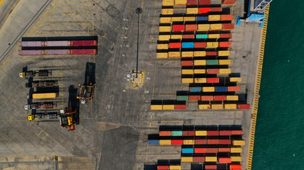 Aerial drone top down photo of logistics container terminal in Mediterranean port