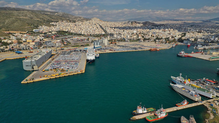 Aerial drone photo of Keratsini ro ro car carrier vessel terminal, Piraeus, Attica, Greece