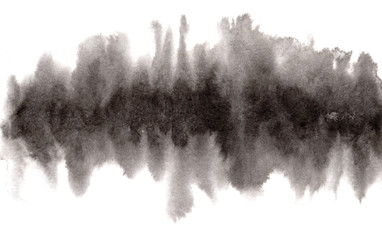 Abstract expressive wet blurring textured black ink or watercolor horizontal stain. Mysterious isolated lined inky smear, dark thunderous cloud concept, wavy background