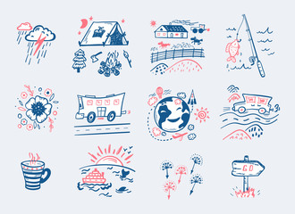 Hand Drawn Travel and Camping Doodle Icons Vector Set