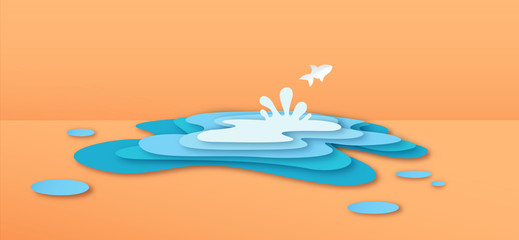 Fototapeta na wymiar Paper cut fish jumping in water puddle concept