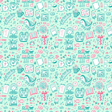 Childhood Vector Background. Seamless Pattern with Hand Drawn Doodle Various Item Icons for Kids. Back to School Wallpaper.