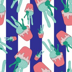 Hand-drawn seamless repeating vector pattern with flat cartoon cactus plants in pot isolated on striped blue and white background.Design for wallpaper or fabric, textile, print, cards, bags