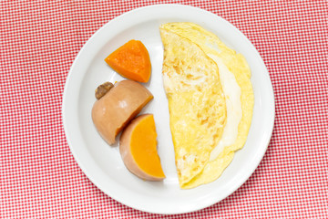 fried egg on plate with fork and knife
