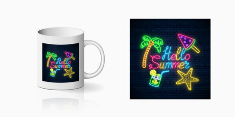 Neon summer print with lettering and summer things in rectangle frame for cup design. Shiny summertime symbol, design, banner in neon style on mug mockup. Vector shiny design element