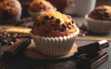 chocolate cupcake, table with coffee breakfast