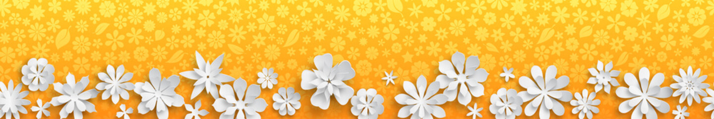 Banner with floral texture in orange colors and big white paper flowers with soft shadows. With seamless horizontal repetition