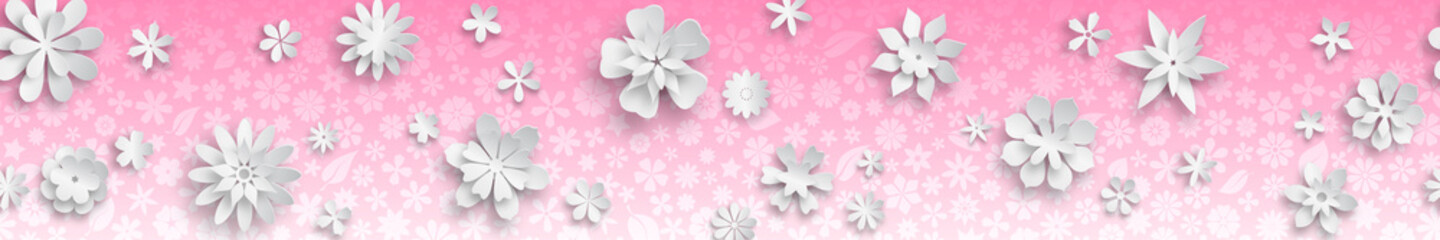 Banner with floral texture in pink colors and big white paper flowers with soft shadows. With seamless horizontal repetition