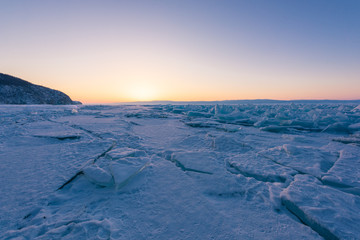Lake Baikal beautiful winter, amazing natural scenery.