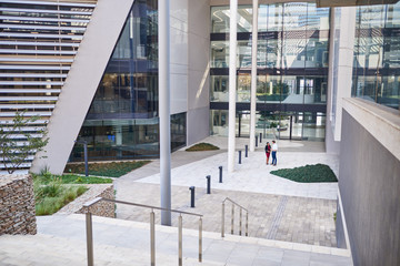 Two diverse businesspeople talking together at their office building entrance