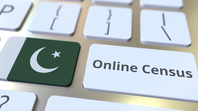 Online Census text and flag of Pakistan on the keyboard. Conceptual 3D animation