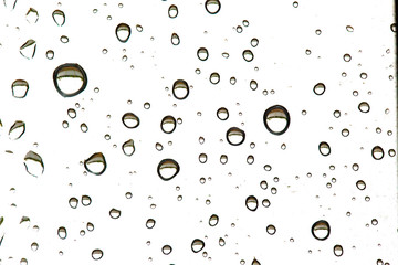 Drops of rain on glass, macro, different shapes. Background
