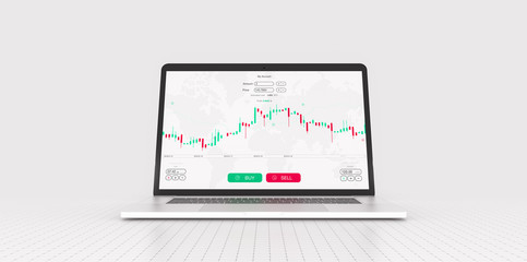 White stock exchange scene with laptop, chart, numbers and BUY and SELL options (3D illustration)