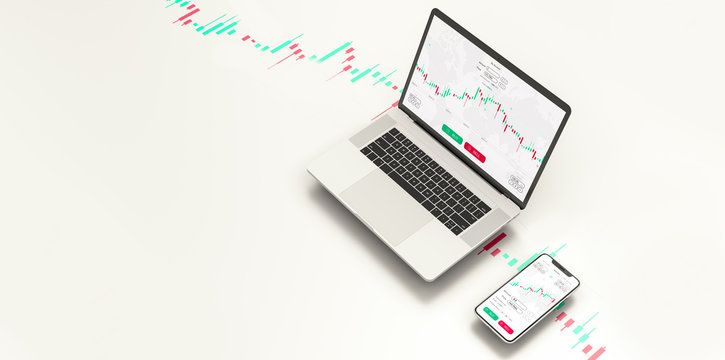 White stock exchange scene with laptop, mobile phone, chart, numbers and SELL and BUY options (3D illustration)