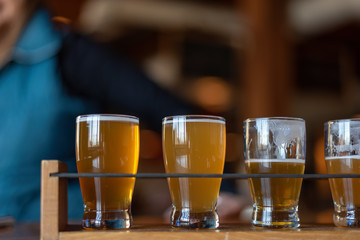 Low angle closeup of beer flight