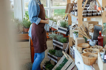 Woman herbalist standing near a shelf wooden rack - obrazy, fototapety, plakaty