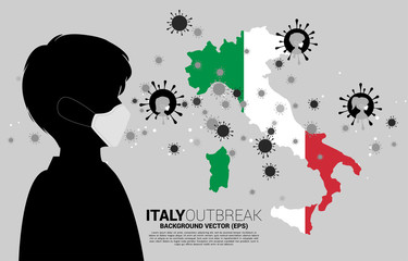 Italy map with people in mask and particle of Corona virus background. Concept for Italy covid19 outbreak and pandemic.