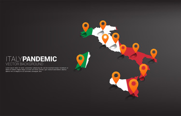Italy map with corona virus pin. Concept for Italy covid19 outbreak and pandemic.
