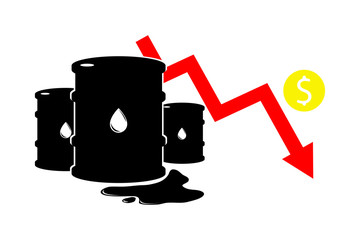 Vector sign of oil. Statistics dollar down, global financial crisis. Black symbol petroleum isolated on white background. Barrel silhouette and spot liguid. Industry of exploration, illustration.