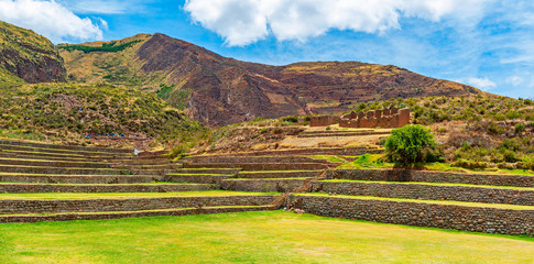 Panorama of the inca archaeological site of Tipon in the Sacred valley, Cusco, Peru.