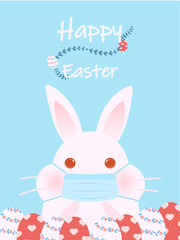 Easter day card. Rabbit wearing a protective mask and egg easter.