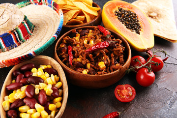 Hot chili con carne. mexican food tasty and spicy.