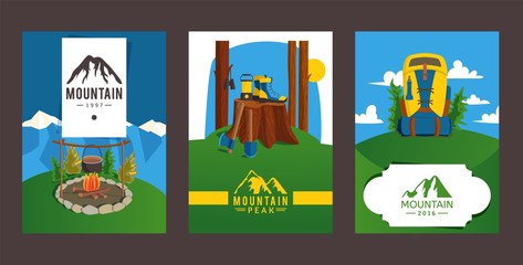 Mountain peak flyer, banner for hike business flat vector illustration. Design poster, patch clothing with campfire, mountain boot, outdoor travel backpack. Tourism, trip in mountain.