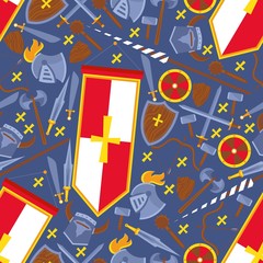 Seamless pattern flat chivalric equipment banner. Knight set of helmet, shield, sword, knife vector illustration. Wrapping paper, website banner, packaging for medieval item, stuff.