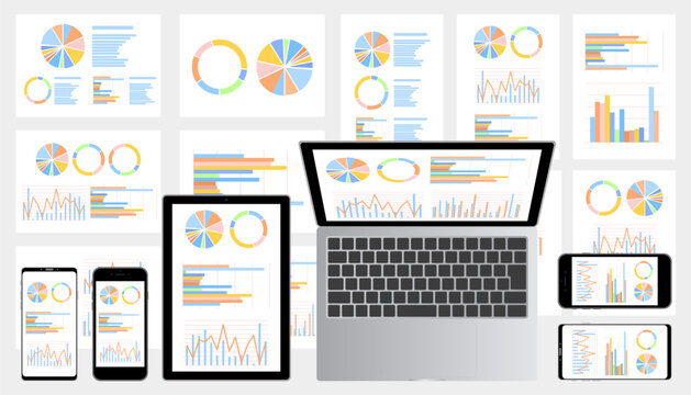 グラフ資料をモニターに表示したデスクトップ・ノートパソコン・スマホ・タブレットセットグレー背景