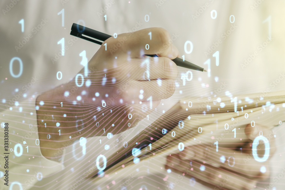 Poster creative abstract binary code hologram and man hand writing in diary on background, ai and machine l