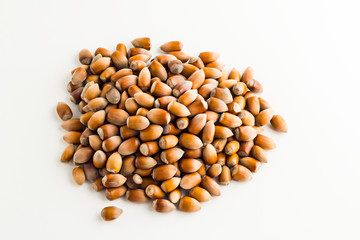 Ripe,new crop hazelnuts heap on white background with copy space,top view