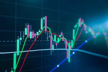 Stock market trading graph and candlestick chart on screen monitor for financial investment and economic concept.