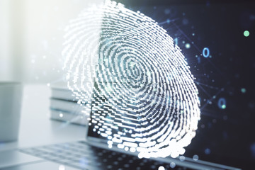 Multi exposure of abstract creative fingerprint illustration on modern laptop background, digital access concept