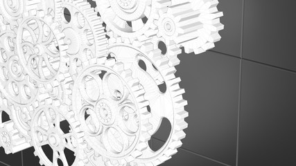 Mechanism, mesh white gears and cogs at work on black background. Industrial machinery. 3D illustration. 3D high quality rendering.