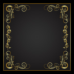 Vintage floral ornament border, Hand drawn decorative element, vector illustration of gold floral frame with black background, Retro design template for page decoration cards, wedding, banner