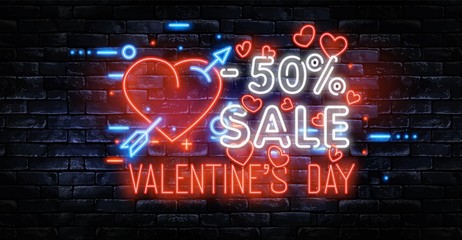 Valentine's Day Sale. Neon frame. Logo, emblem, label. Bright signboard, light banner. Celebration. Love. Neon Heart. Vector images