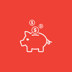 Piggy Bank Line Icon On Red Background. Red Flat Style Vector Illustration