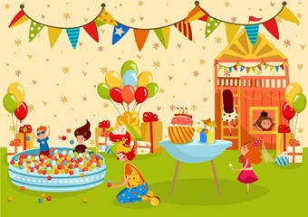 Children birthday party, kids playground, vector illustration. Boys and girls having fun at birthday party, present boxes balloons, cake with candles. Friendly clown plays with happy children, people