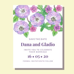 Purple Peonies Vector Watercolor Wedding Invitation Card Template