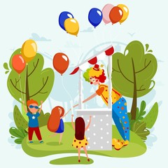 Obraz na płótnie Canvas Cheerful clown gives party balloons to happy children, vector illustration. Cute kids at summer fairground, boys and girls cartoon characters. Friendly clown with colorful balloons at funfair, people