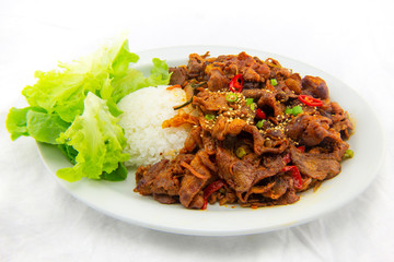 Stir fried with pork and vegetables sprinkle sesame seeds