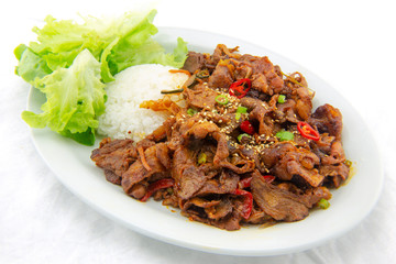 Stir fried with pork and vegetables sprinkle sesame seeds