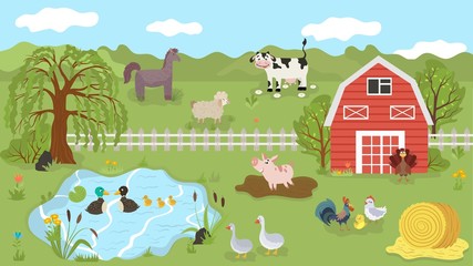 Obraz na płótnie Canvas Farm animals cute cartoon characters on summer pasture, vector illustration. Farmland livestock, cow, pig, sheep and horse. Ranch poultry, chicken, turkey, geese and ducks. Farm animal grazing outdoor